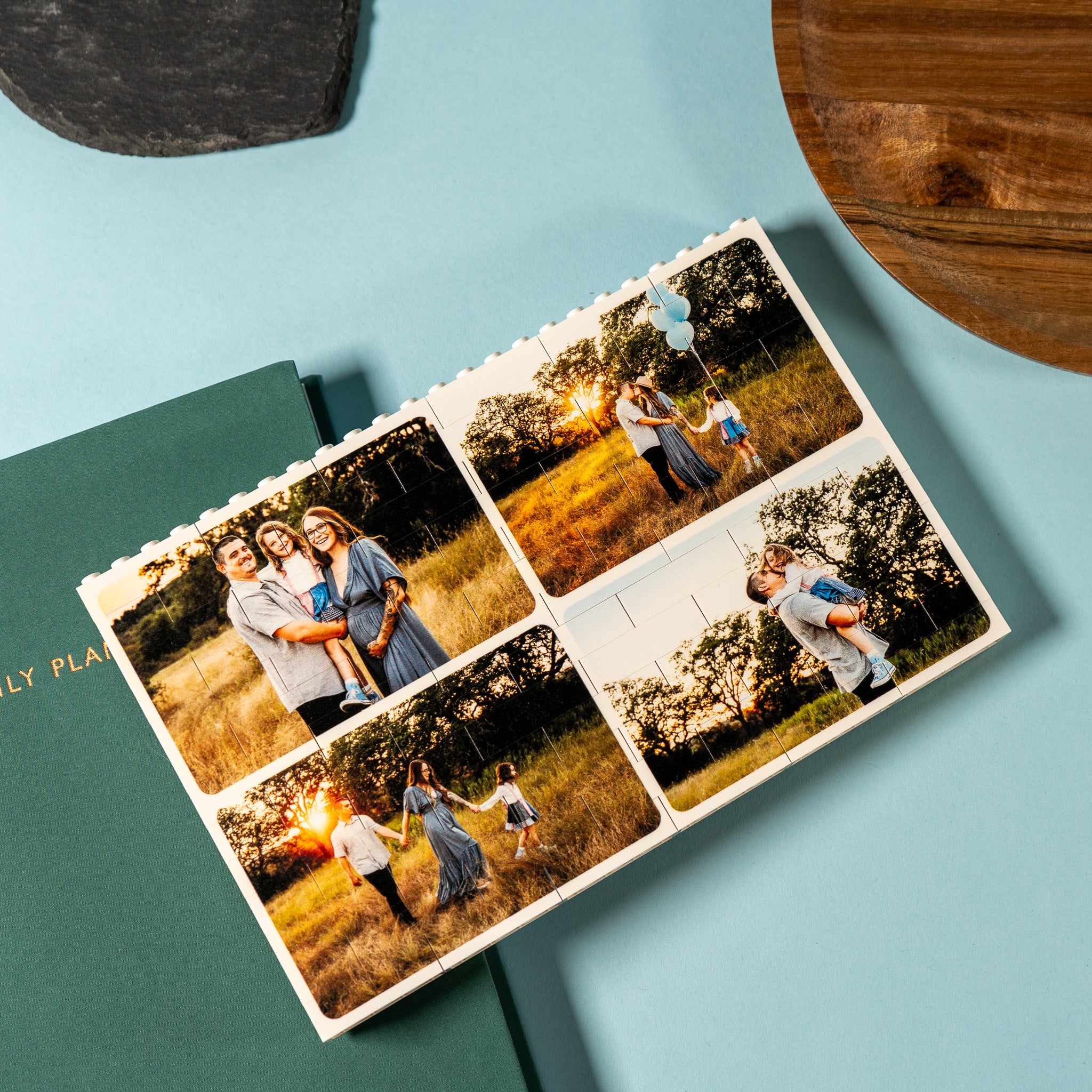 Multi-photo LEGO® Brick landscape block with optional reverse message – creative baby shower keepsake for family, friends, or couples