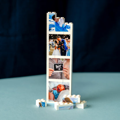 Photobooth-style LEGO® Brick portrait photo block with optional personalised message – creative gift for loved ones