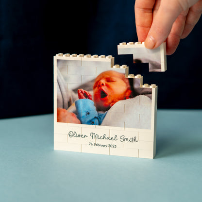 Polaroid-style LEGO® Brick square birth announcement photo block with optional message – creative personalised keepsake for loved ones