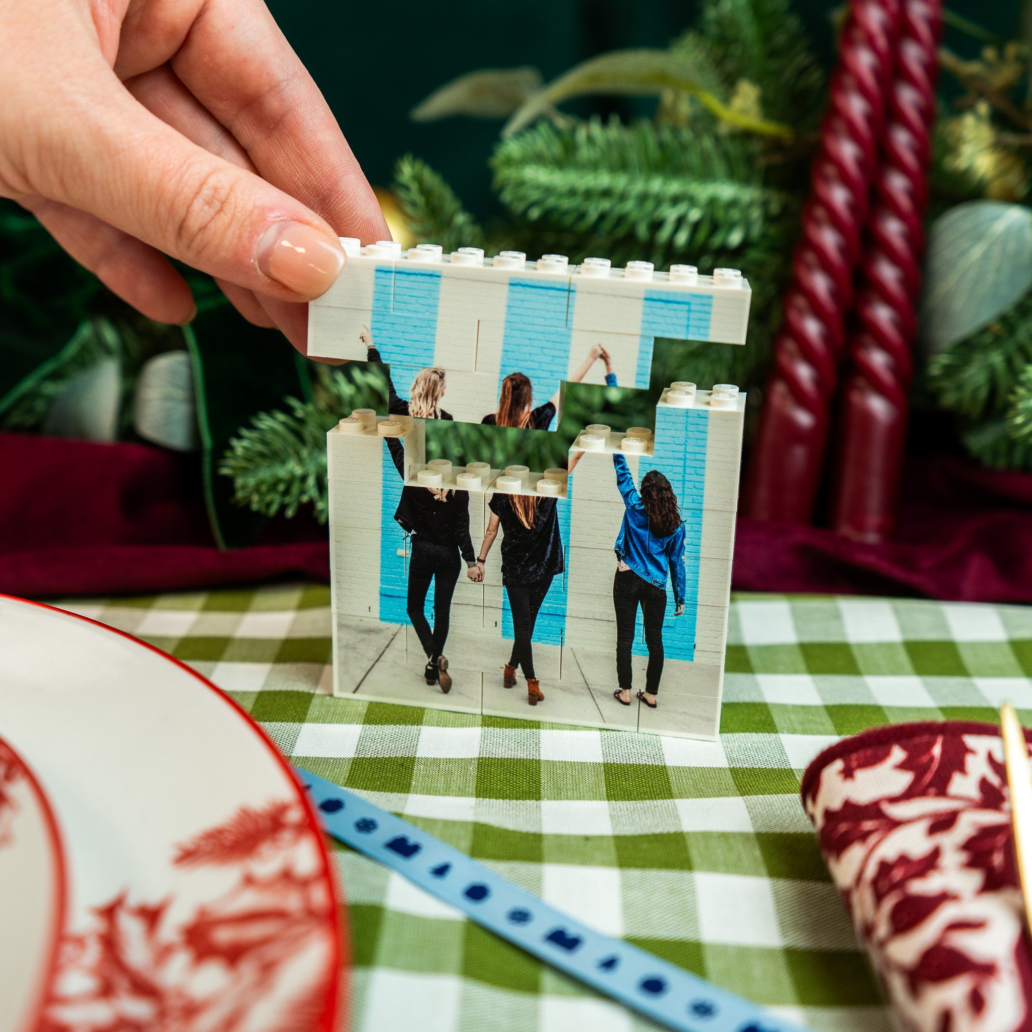 Square LEGO® brick photo block with optional second image on back – creative personalised keepsake for LEGO® fans